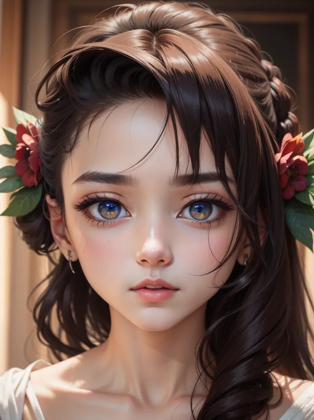 The image shows a young woman with long, wavy brown hair. She has fair skin and blue eyes, and is wearing a white dress. There are red flowers in her hair. She is looking at the viewer with a slightly puzzled expression. The background is blurry and looks like it is a wall.