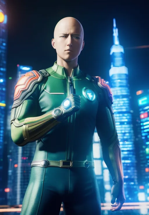 The image shows a man with no hair and a green and yellow suit with a city in the background. He is standing in front of a tall building and there are many lights in the background. The man is looking at the camera with a serious expression.