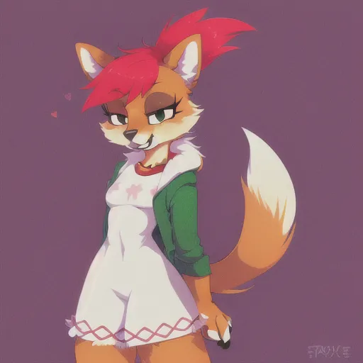 The image is of a cartoon fox. She has red hair styled in a ponytail and green eyes. She is wearing a white dress with a pink star on it and a green jacket. She has a sly expression on her face and is standing with one hand on her hip and the other holding her jacket closed. Her tail is long and fluffy and she has fox ears.