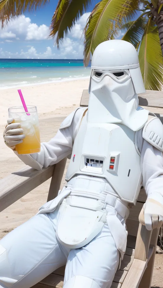 A imagem mostra um stormtrooper da Guerra das Estrelas sentado em uma praia. Ele está usando sua armadura de stormtrooper, mas não está usando o capacete. Ele está segurando uma bebida na mão e tem os pés apoiados em uma cadeira. Ele está sentado em uma cadeira de praia e há um guarda-sol atrás dele. O stormtrooper está olhando para o oceano. A imagem é engraçada porque é inesperado ver um stormtrooper em um ambiente tão relaxado.