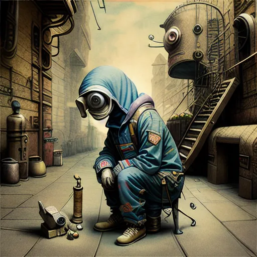 The image is a painting of a steampunk character. The character is wearing a blue jumpsuit and a brown hat. They are sitting on a stool in an alleyway. There is a robot in the background. The painting is done in a realistic style and the colors are muted.