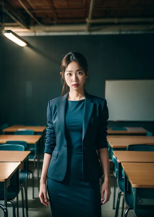 A young Asian woman is standing in a classroom. She is wearing a blue suit and a white blouse. Her hair is pulled back in a ponytail. She is looking at the camera with a serious expression. There are empty desks and chairs in the background.