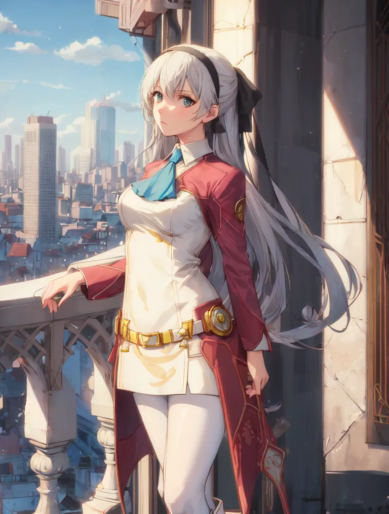 The image is of a young woman with long silver hair and blue eyes. She is wearing a white and red military-style outfit with a blue cravat. She is standing on a balcony, looking out at a city. The city is large and modern, with many tall buildings. The sky is blue and there are some clouds.