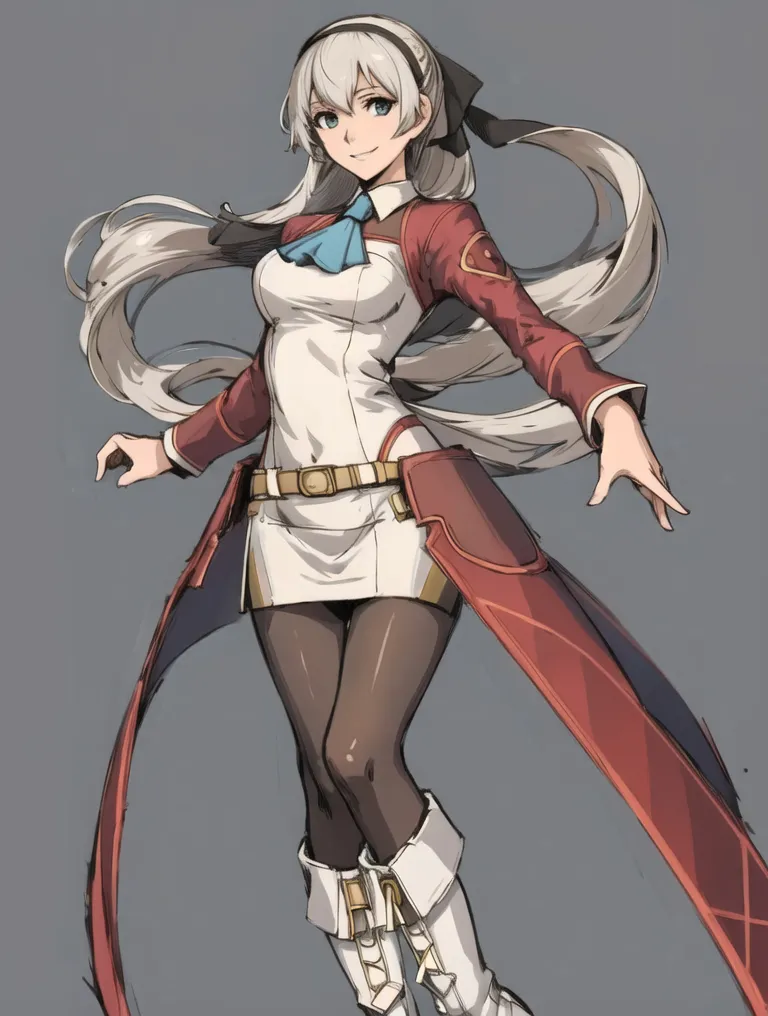 This is an image of a young woman with long silver hair and green eyes. She is wearing a white and red outfit with a blue ribbon around her neck. She has a brown belt with a silver buckle and is wearing brown boots. She is standing with her arms outstretched and has a confident smile on her face.