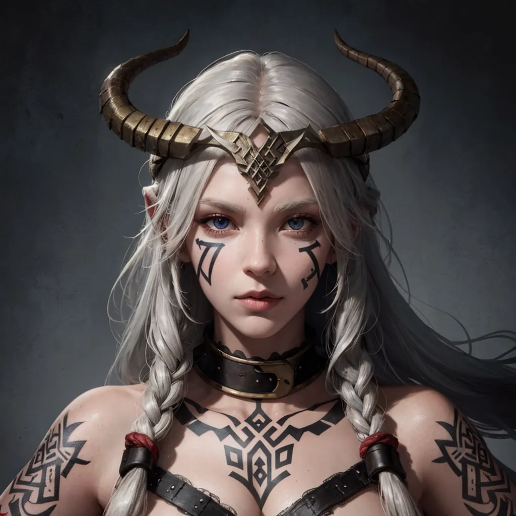 The image shows a woman with long white hair and blue eyes. She has two curved horns on her head and is wearing a golden crown. She is also wearing a black choker with a golden buckle and has several tattoos on her face and body. She is wearing a black and brown leather armor that covers her chest and shoulders.