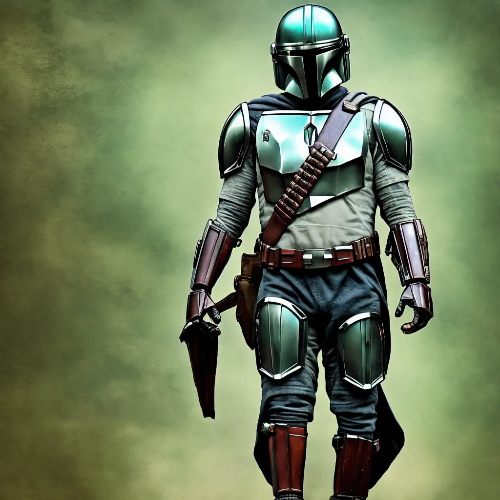 Gambar tersebut menunjukkan seorang pria tinggi dan berotot yang mengenakan armor Mandalorian. Armor tersebut terbuat dari beskar, logam kuat yang tahan terhadap tembakan blaster. Pria itu juga mengenakan helm dengan visor berbentuk T. Dia membawa senapan blaster dan pistol. Pria itu berdiri di hutan gelap dan berkabut. Ada pohon-pohon dan batu-batu di latar belakang.