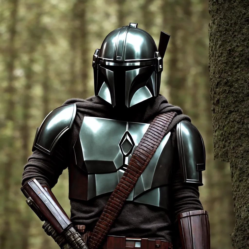 Gambar ini menunjukkan seorang prajurit Mandalorian dengan baju zirah lengkap. Dia berdiri di dalam hutan, dengan helm terpasang dan senjata terhunus. Mandalorian itu mengenakan jubah hijau. Baju zirahnya terbuat dari beskar, logam kuat yang tahan tembakan blaster. Mandalorian adalah pejuang yang terampil, dan dia bertekad untuk melindungi kaumnya dari Kekaisaran.