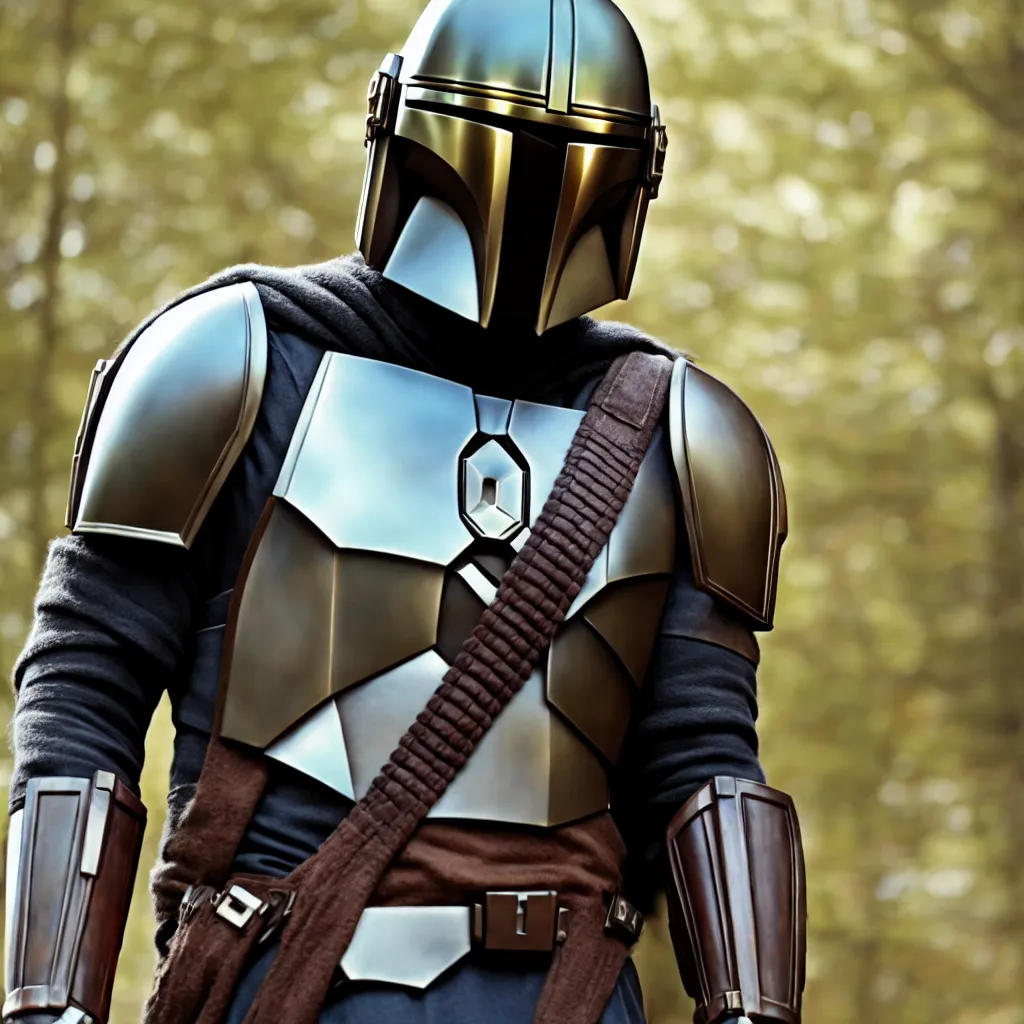 The image shows a Mandalorian warrior wearing a silver and brown beskar armor. The warrior is standing in a forest, with his helmet on and his weapon drawn. He is looking to the left of the frame, as if he is alerting something. The image is dark and moody, with the only light coming from the warrior's helmet and wea