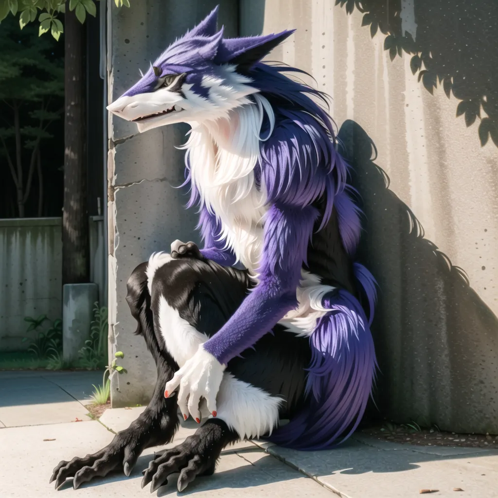 The image is a painting of a purple and white furry creature sitting on a city street. The creature has the body of a wolf, but the face of a shark, with a long, pointed snout and sharp teeth. It is sitting on its haunches, with its paws resting in front of it. The creature is looking to the left of the frame, with a thoughtful expression on its face. The background of the image is a blur of grey concrete.