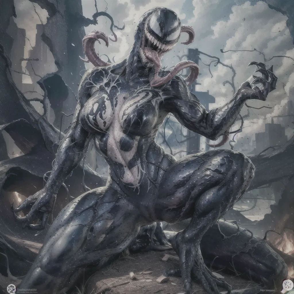 The image is a digital painting of a female Venom. She is depicted as a tall, muscular woman with long, black hair and pale skin. Her body is covered in a black, symbiotic suit that has tendrils extending from her back and arms. She has a large, white spider symbol on her chest. She is crouched on a pile of rubble, and she is looking at the viewer with a feral expression. The background is a ruined city.