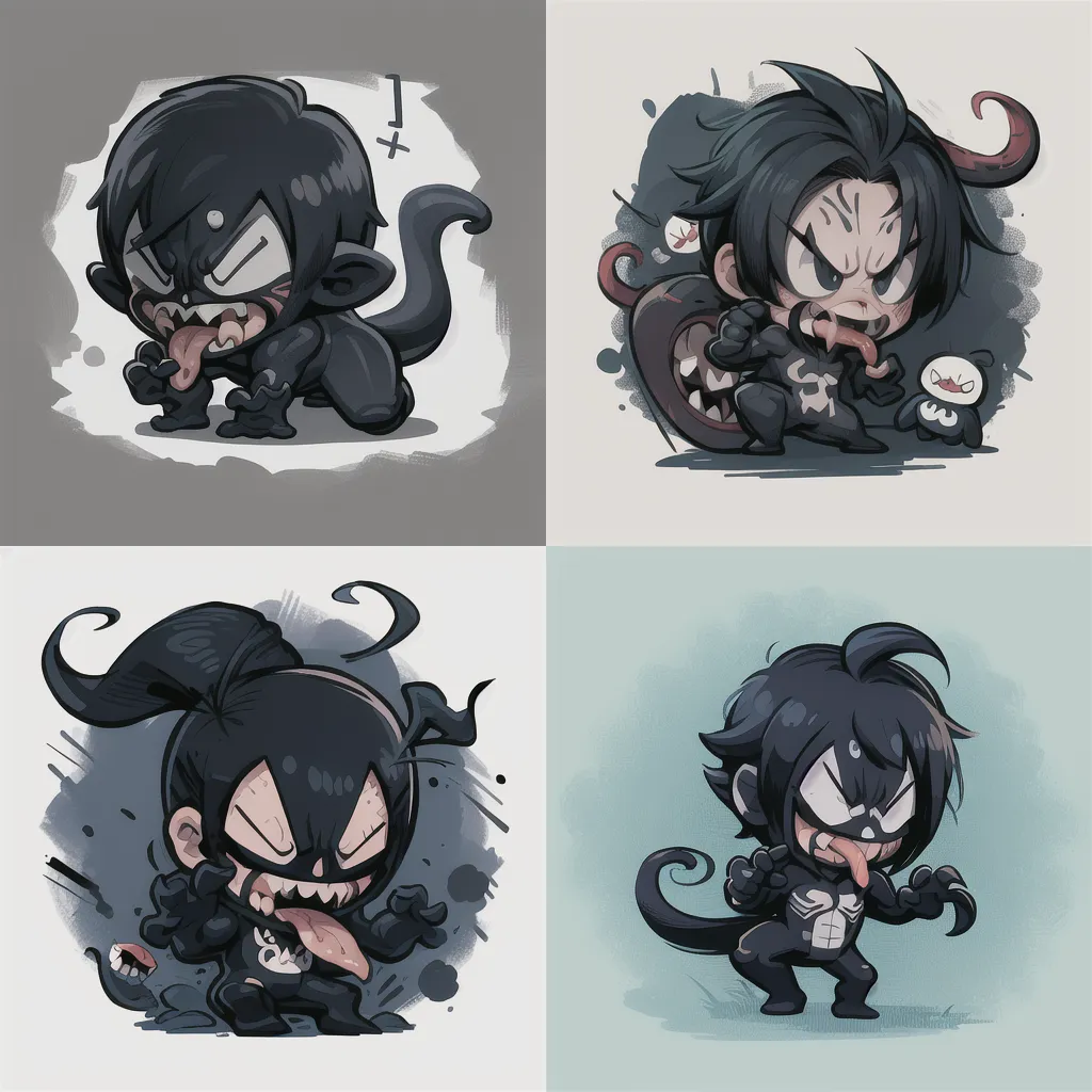 L'image contient quatre personnages de Venom différents dessinés de manière cartoon. Chaque personnage est représenté dans un style différent. Le premier personnage est dessiné dans un style chibi, avec de grands yeux et un petit corps. Le deuxième personnage est dessiné dans un style plus réaliste, avec une anatomie et un ombrage plus détaillés. Le troisième personnage est dessiné dans un style plus stylisé, avec des traits exagérés et des couleurs vives. Le quatrième personnage est dessiné dans un style plus traditionnel de bande dessinée, avec des lignes audacieuses et des couleurs vives.