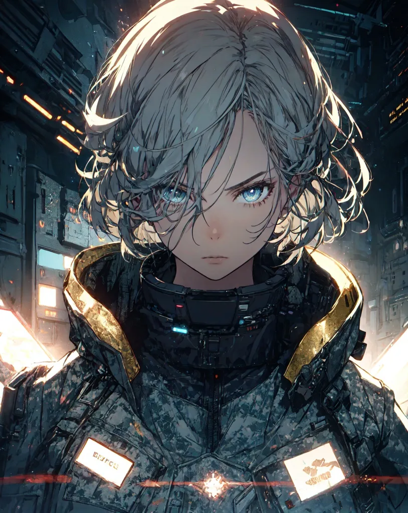 The image is a portrait of a young woman with short white hair and blue eyes. She is wearing a black military-style jacket with gold trim. The jacket has a high collar and a zipper down the front. The woman's hair is cut in a choppy style and her eyes are wide and alert. She has a small scar on her left cheek. The background of the image is a blur of dark colors.