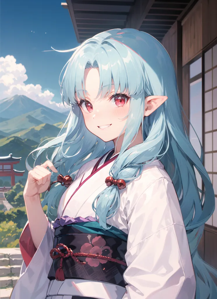 A imagem mostra uma garota em estilo anime com cabelos azuis longos e olhos vermelhos. Ela está usando um quimono branco com uma faixa vermelha e roxa e tem um sorriso suave no rosto. Ela está em pé em uma casa japonesa tradicional, com uma vista das montanhas ao fundo.