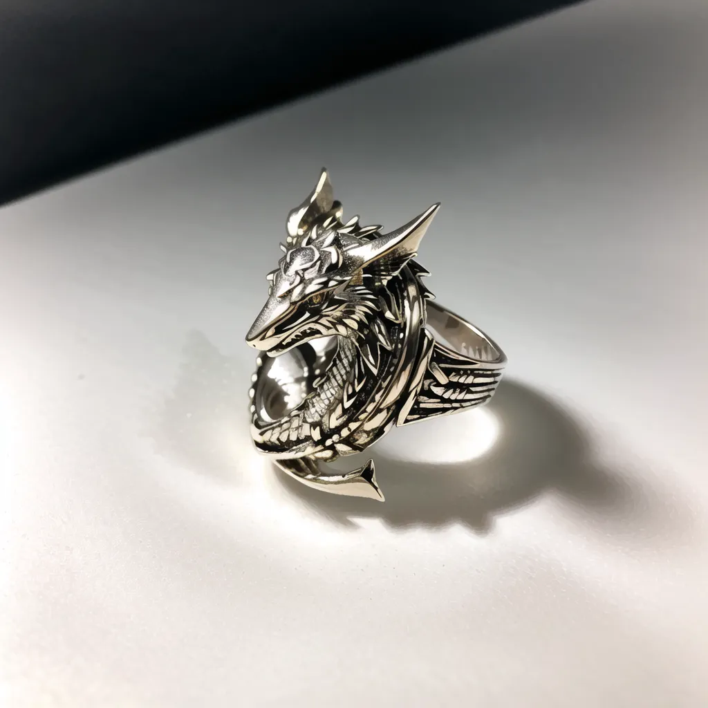 This is a silver ring in the form of a dragon. The dragon has its mouth open and its wings are spread out behind it. The ring is made of silver and has a shiny finish. The dragon is facing to the left of the viewer.