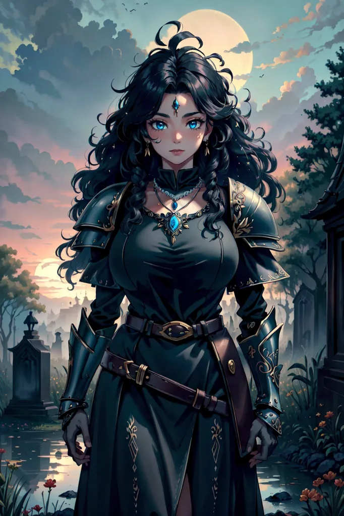 The picture shows a young woman in a black dress with blue and silver armor. She has long black hair and blue eyes. She is standing in a graveyard. There is a full moon in the background.