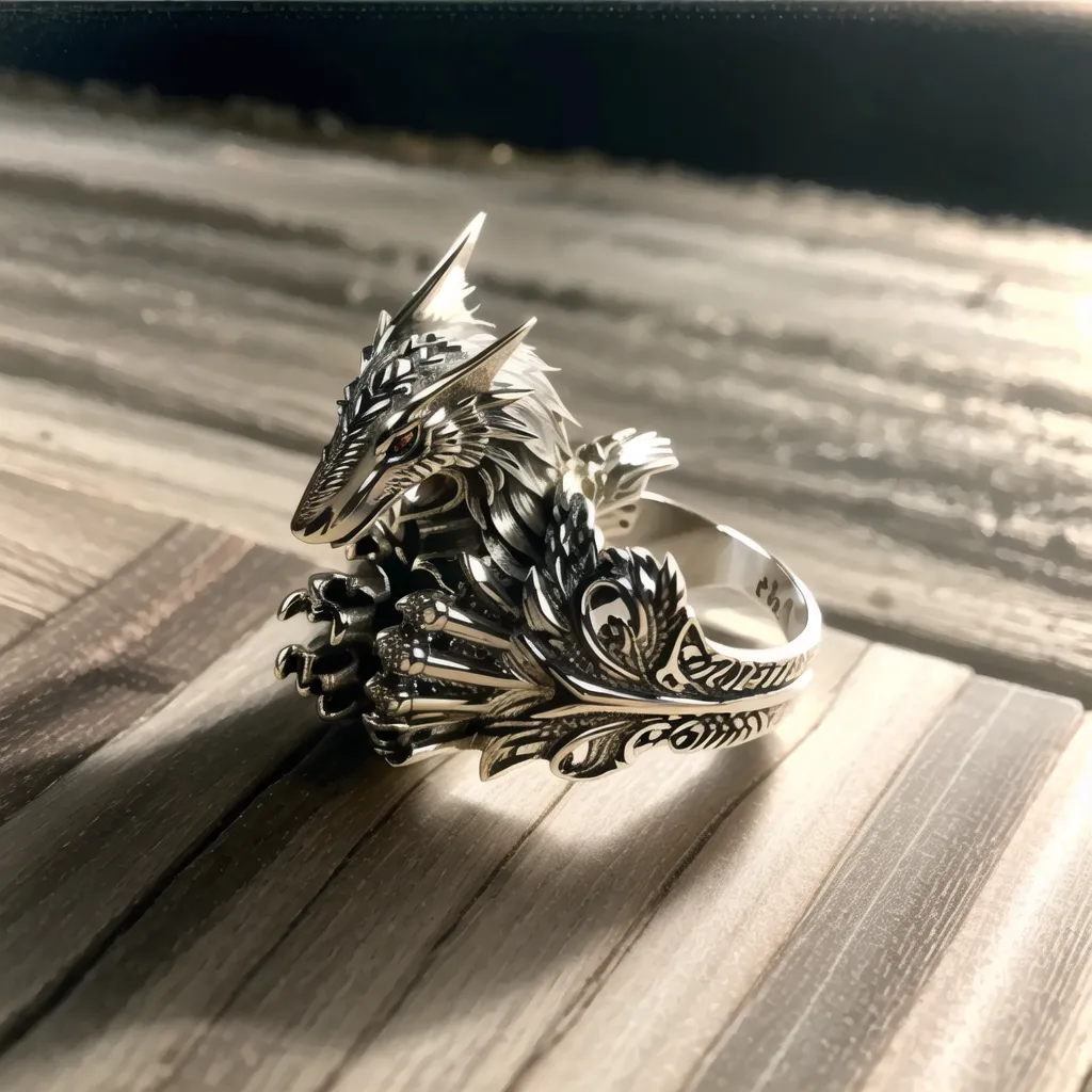 The image is a silver ring in the form of a dragon. The dragon has its wings spread out and its mouth is open, and it is standing on a bed of leaves. The ring is made of silver and has a shiny finish.