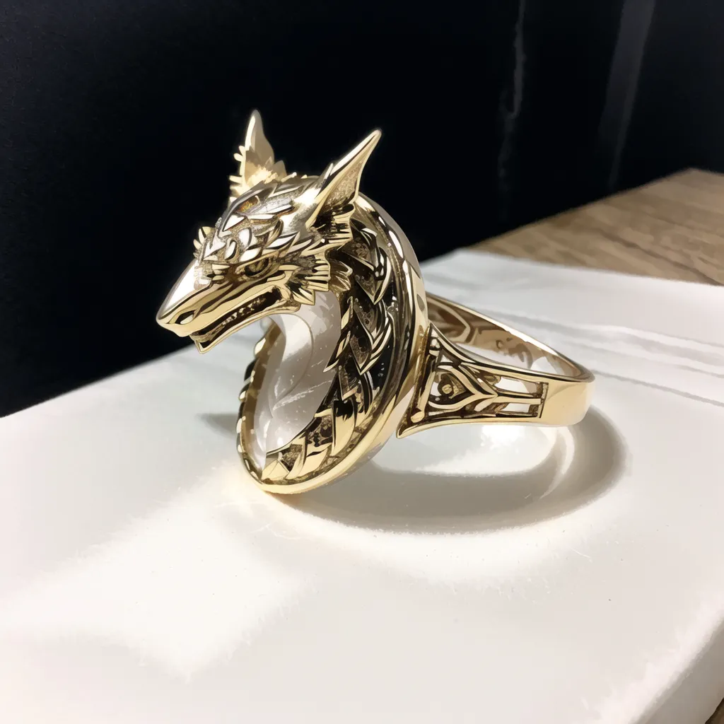 Ceci est une bague en or doré avec une tête de loup dessus. La tête de loup est orientée vers la droite de l'image. La bague est en or jaune et comporte des détails complexes. La tête de loup a une expression grondante et ses oreilles sont dressées. La bague est posée sur une surface blanche.