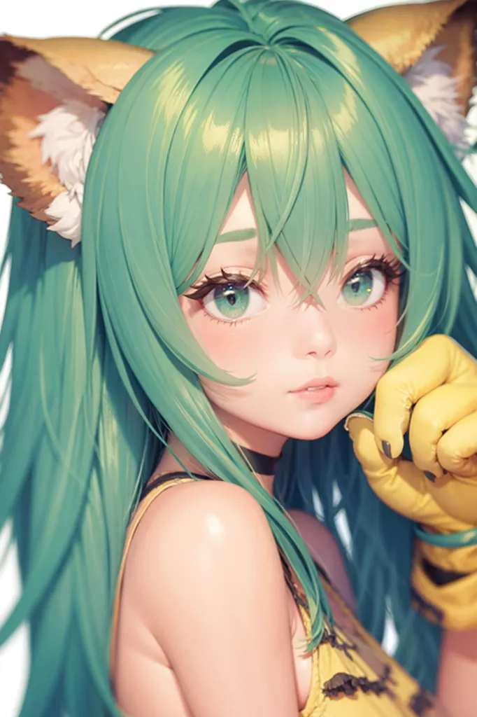 The image is a portrait of a young woman with green hair and eyes. She is wearing a yellow bikini top and has a pair of cat ears on her head. She is also wearing a pair of yellow gloves. The background is white and there is a close up on her face.