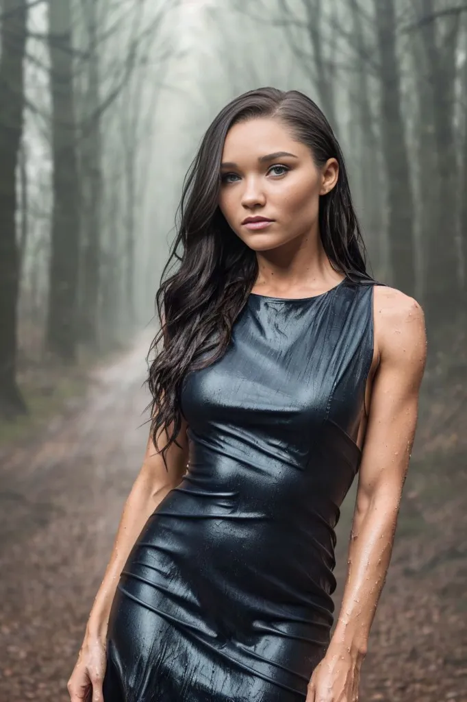 Una mujer está de pie en un bosque. Lleva un vestido negro que está mojado por la lluvia. Su cabello es largo y oscuro, y sus ojos son de un color azul claro. Mira a la cámara con una expresión seria. El fondo de la imagen está borroso y consiste en árboles y niebla.