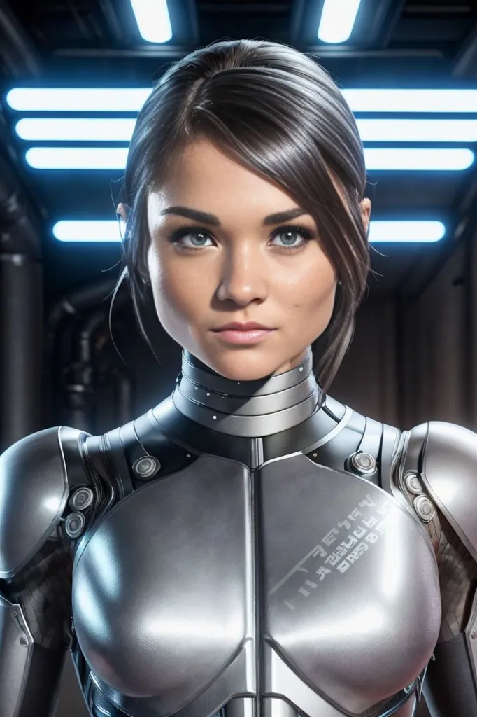 The image shows a beautiful young woman with long brown hair and blue eyes. She is wearing a silver futuristic armor with a high collar. The armor has various technological details and lights on it. The background is dark with blue lights on the sides.