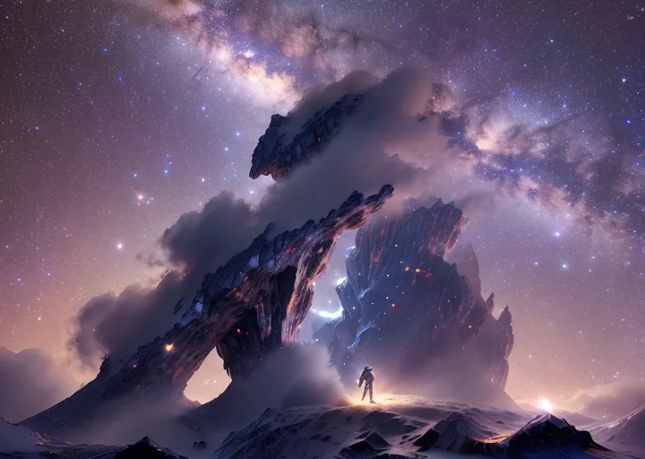 The image is set on a distant planet with a starry sky and a large rock formation in the foreground. The rock formation is dark and covered in snow. There is a person standing on a snowy field in front of the rock formation. The person is wearing a spacesuit and is looking up at the rock formation. The sky is full of stars and there is a bright moon in the distance.