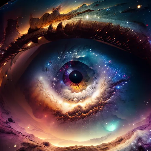 The image is an illustration of an eye. The iris is a swirling galaxy filled with stars and dust. The pupil is a black hole surrounded by an accretion disk. The sclera is made up of cosmic gas and dust. There is a rocky moon in the foreground.