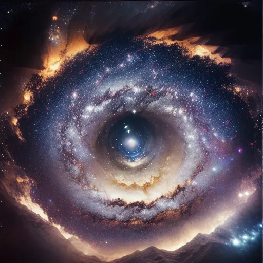 The image is of a spiral galaxy viewed from above. The galaxy is surrounded by a dark background with bright stars. There is a bright light in the center of the galaxy. The galaxy is surrounded by a number of smaller galaxies. There are mountains in the foreground.