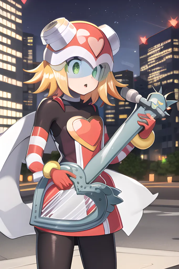 The image is of a young girl with yellow hair and green eyes. She is wearing a red and white outfit with a heart-shaped symbol on the front. She is also wearing a red and white helmet with a visor. She is holding a large keytar in her hands. She is standing in a city at night with a cityscape in the background. There are buildings, stars, and a crescent moon in the sky.