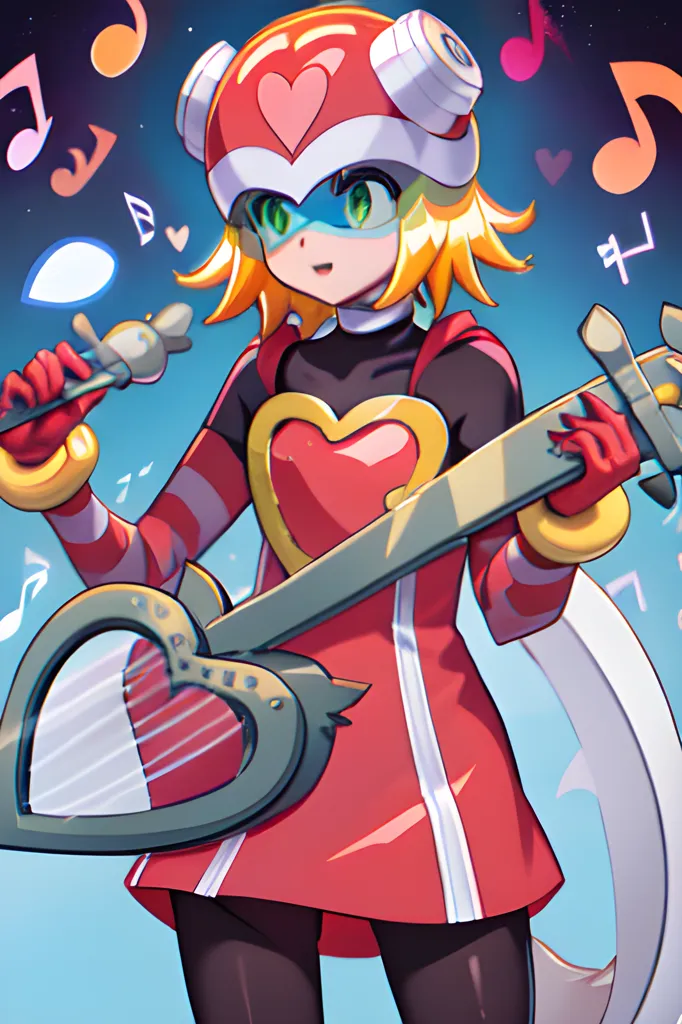 The image is of a young girl with yellow hair and green eyes. She is wearing a red and white outfit with a heart-shaped symbol on the front. She is also wearing a red hat with a white brim and two yellow horns. She is playing a red and white guitar that is shaped like a heart. There are musical notes floating around her and she has a big smile on her face. The background is a light blue color with some stars and musical notes.