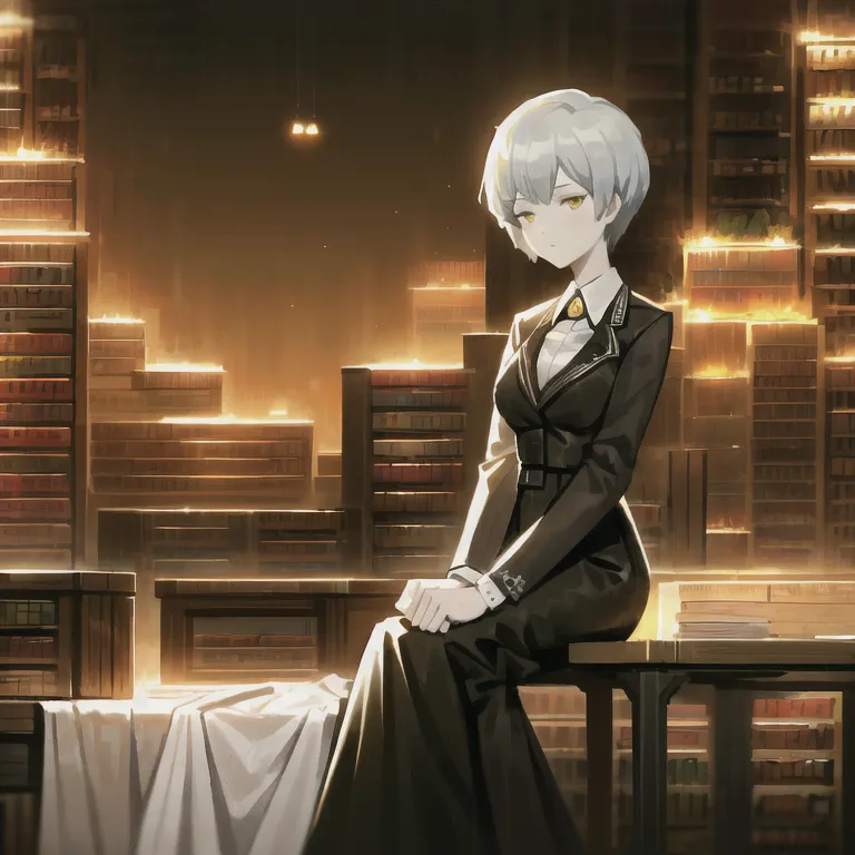 The image is of a young woman with short white hair and yellow eyes. She is wearing a black military-style uniform with a white dress shirt and black tie. She is sitting on a wooden table in a large library. The library is filled with tall shelves of books and there is a warm glow of light in the air. The woman is looking at the viewer with a serious expression.