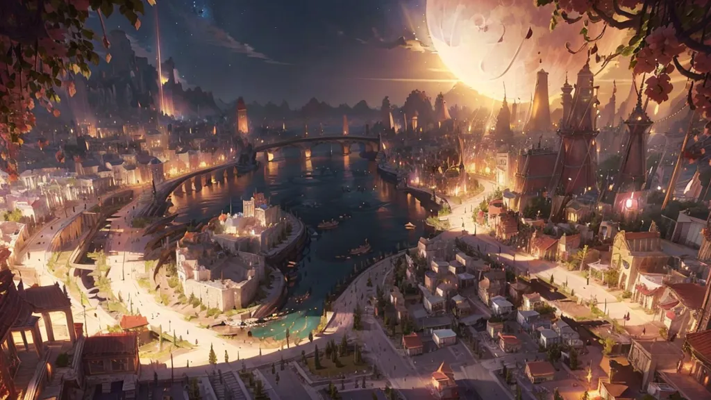 The image is a fantasy cityscape. It shows a large city built on a river. The city is surrounded by mountains and there is a large moon in the sky. The city is lit by streetlights and there are people walking around. The image is very detailed and shows a lot of different buildings and structures. The city is also very large and seems to go on for miles.