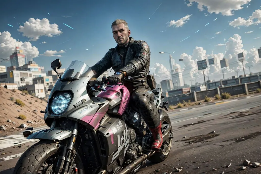 Esta es una foto de un hombre sentado en una motocicleta futurista. El hombre lleva una chaqueta de cuero negra y pantalones negros. Tiene una barba blanca y un mohicano blanco. La motocicleta es negra y rosa. El hombre está sentado en la motocicleta con los pies en el suelo. Está mirando a la cámara. El fondo es una ciudad. Hay edificios y una carretera. El cielo es azul y hay nubes.