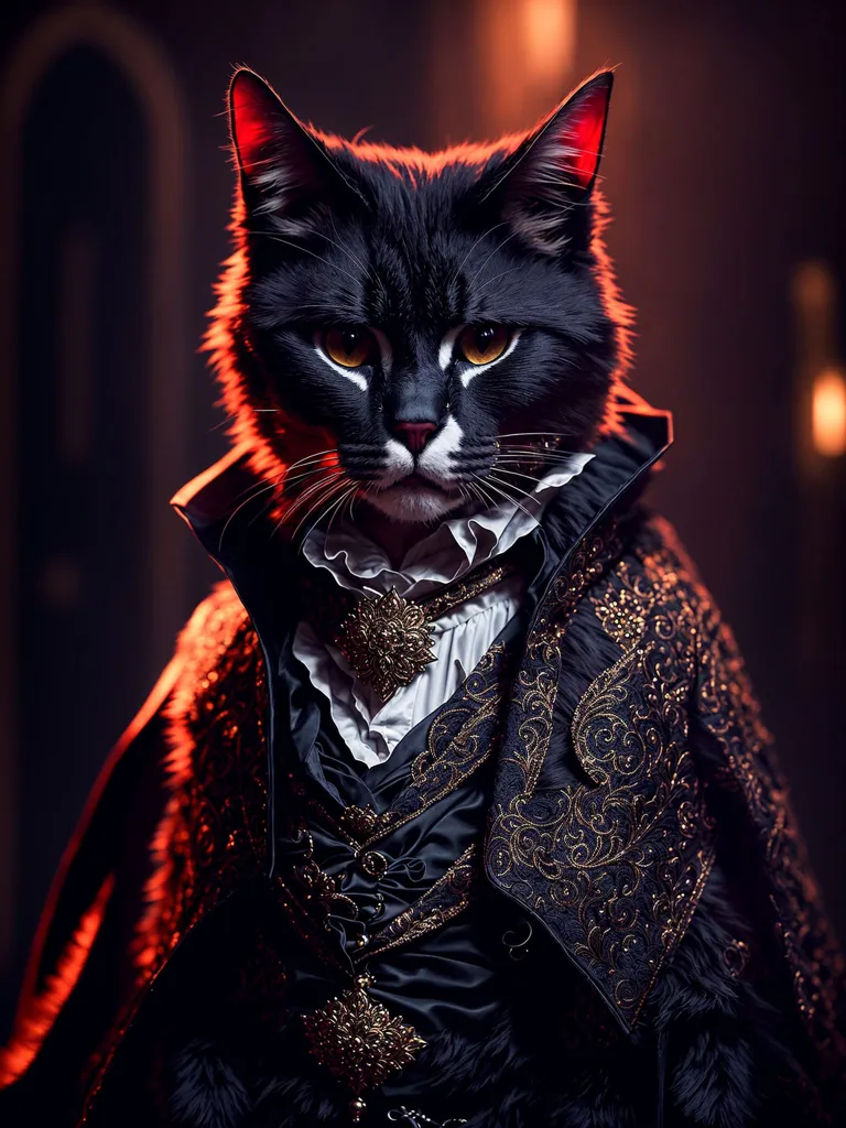 The image shows a black cat wearing a black and gold embroidered cape and a white ruffled collar. The cat is sitting in front of a dark background with a red light shining on it. The cat has its ears perked up and its eyes are wide open. The cat looks like it is about to pounce on something.