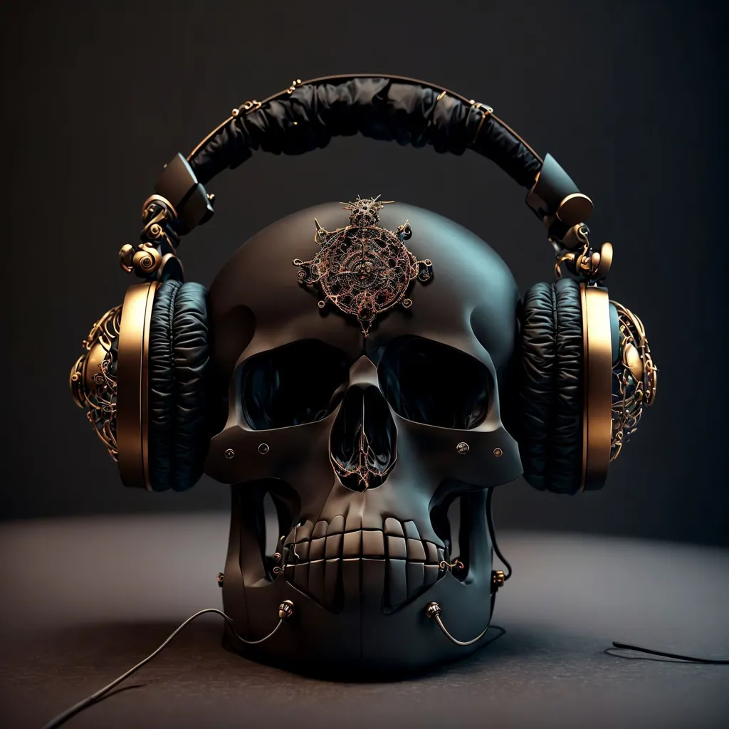 This is a black skull with golden headphones. The skull is facing the viewer and has a golden emblem in the center of its forehead. The headphones are made of metal and have a steampunk design. The skull is resting on a dark surface.