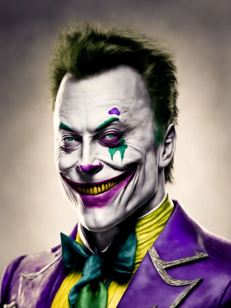 L'image montre un homme aux cheveux verts et au visage blanc. Il porte un costume violet et une cravate papillon jaune. Ses lèvres sont rouges et ses dents sont jaunes. Il a un sourire de clown sur le visage.