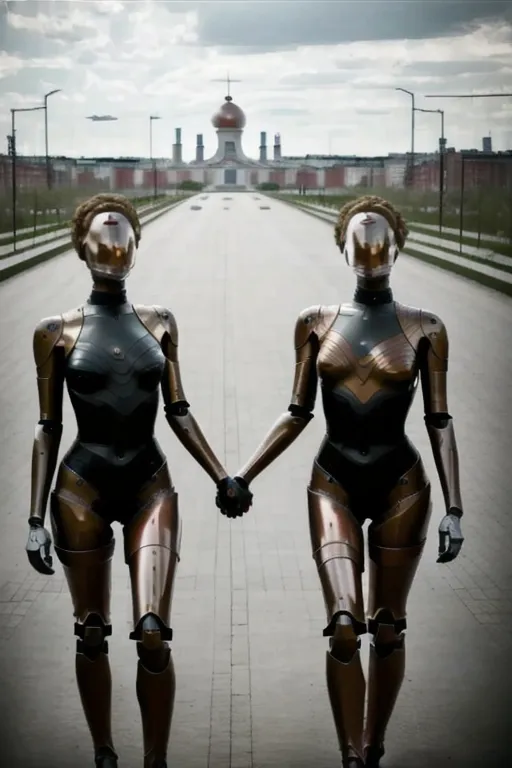 The image shows two female robots walking down a wide road. The robots are both wearing golden armor and holding hands. In the background, there is a large building with a golden dome. The sky is cloudy and there are some trees on either side of the road.