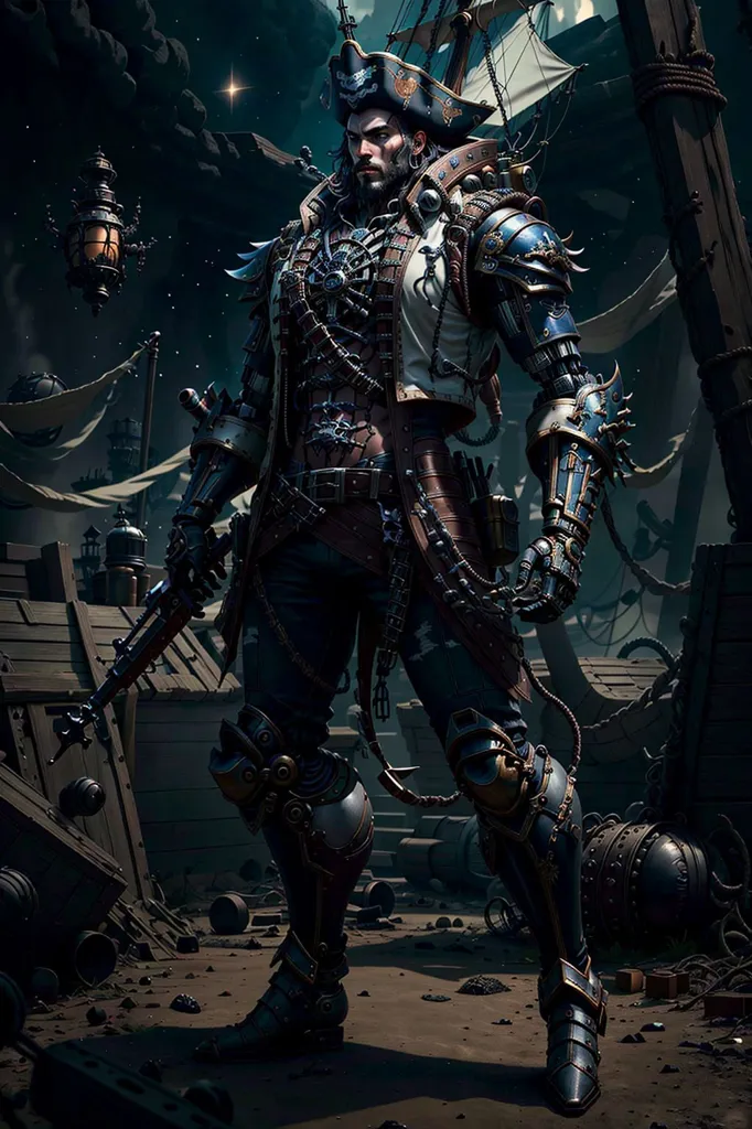 La imagen es una pintura digital de un pirata steampunk. Lleva un atuendo negro y marrón con muchas hebillas y correas. Tiene una espada en una mano y una pistola en la otra. Está de pie en un muelle de madera con un barco al fondo. El cielo está oscuro y hay estrellas en el cielo.