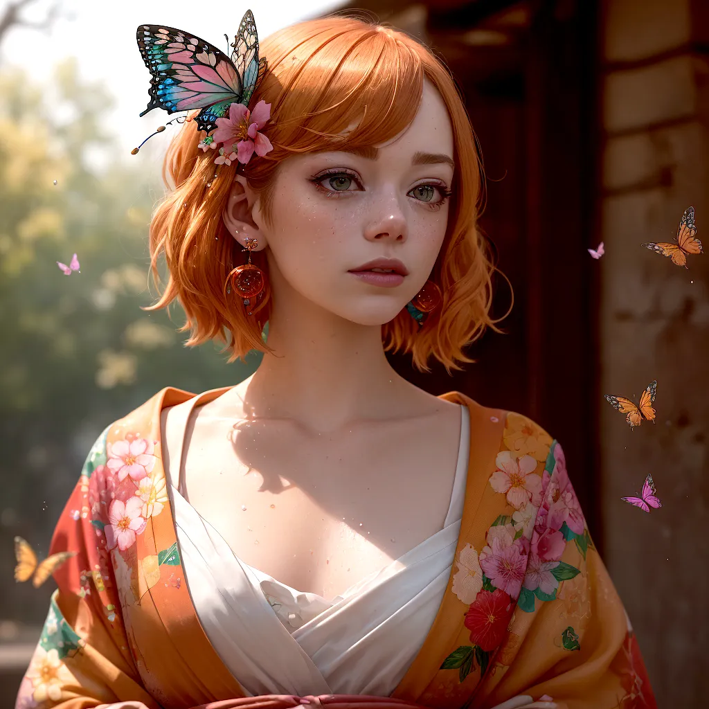 The image shows a young woman with short orange hair. There is a blue and black butterfly in her hair and a pink flower. She is wearing a white and orange kimono with pink and white flowers. There are also butterflies around her. The background is blurred, but it looks like there are trees and plants in the background.