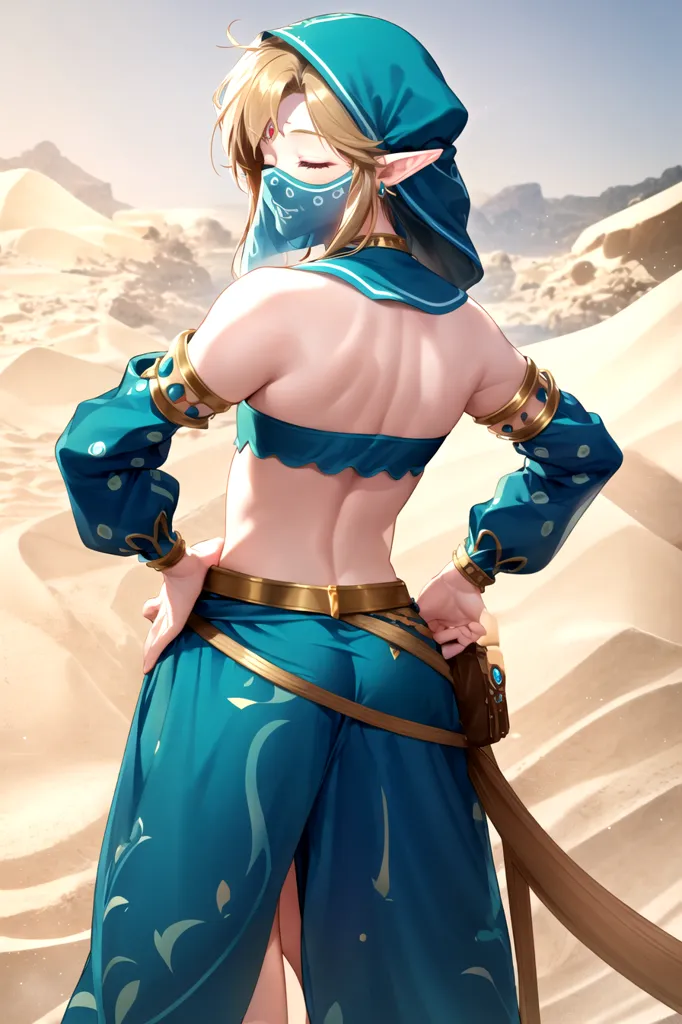 The image is of a person with long blond hair and pointed ears, wearing a blue and white outfit. They are standing in a desert with their back to the viewer, but their head is turned slightly to the side so that their face is visible. They are wearing a blue hat, a white scarf that covers their mouth, and a blue shirt that is open at the back. They are also wearing a brown belt with a gold buckle and blue pants that are open at the hips. They have a small brown bag hanging from their belt on their right side. Their feet are bare. The background is a desert with sand dunes in the distance. The sky is clear and blue.