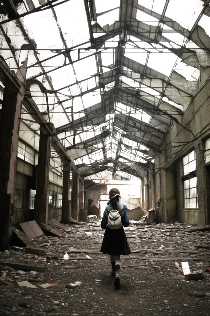 The image is set in an abandoned factory. The factory is in ruins, with the roof caved in and the walls cracked and broken. The floor is covered in debris, and there is a large hole in the wall at the back of the factory.

A young girl is standing in the middle of the factory. She is wearing a white shirt, a black skirt, and a blue backpack. She has her head down and is looking at the ground as she walks.

The image is full of contrast. The bright light from the outside of the factory is shining in through the broken roof, creating a harsh contrast with the dark shadows inside the factory. The girl's white shirt and black skirt also create a contrast with the dark background.

The image is a metaphor for the human condition. The factory is a symbol of the world, which is often harsh and unforgiving. The girl is a symbol of humanity, which is often innocent and vulnerable. The image is a reminder that even in the darkest of times, there is always hope.