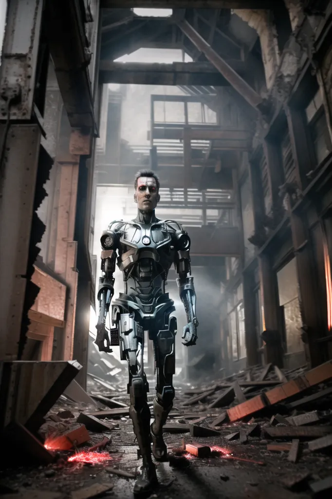 The image shows a tall, muscular humanoid robot walking through a destroyed city. The robot is made of metal and has a red eye. It is wearing a black vest and pants. The city is in ruins, with buildings destroyed and debris everywhere. The robot is walking towards the viewer.