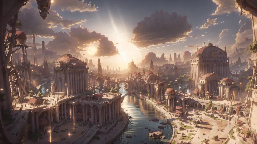 The image shows a fantasy city built in a classical style. The city is situated on a river and surrounded by mountains. The buildings are made of white stone and have a lot of columns. The city is very large and there are many people walking around. The sun is shining and there are clouds in the sky.