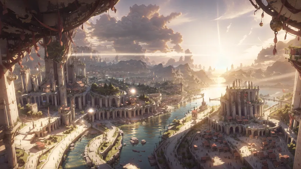 The image is a fantasy city built on a river. The city is surrounded by mountains and there are large buildings and towers throughout the city. There is a large bridge that crosses the river and there are many boats and ships on the river. The sky is blue and there are some clouds in the sky. The sun is shining and there is a large waterfall in the background.