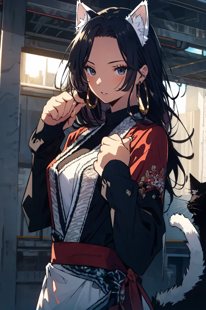 The image is a portrait of a young woman with long black hair and cat ears. She is wearing a black and red kimono-style outfit with a white apron. She has a serious expression on her face and is looking at the viewer with her blue eyes. There is a black cat sitting on her shoulder. The background is a blur of light and dark colors.