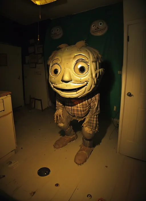 The image is a photograph of a creepy ventriloquist dummy standing in a dark room. The dummy is wearing a plaid shirt and brown shoes and has a large head with a painted-on face. Its eyes are wide open and its mouth is smiling. There are two creepy portraits on the wall behind it. The room is lit by a single light bulb hanging from the ceiling.