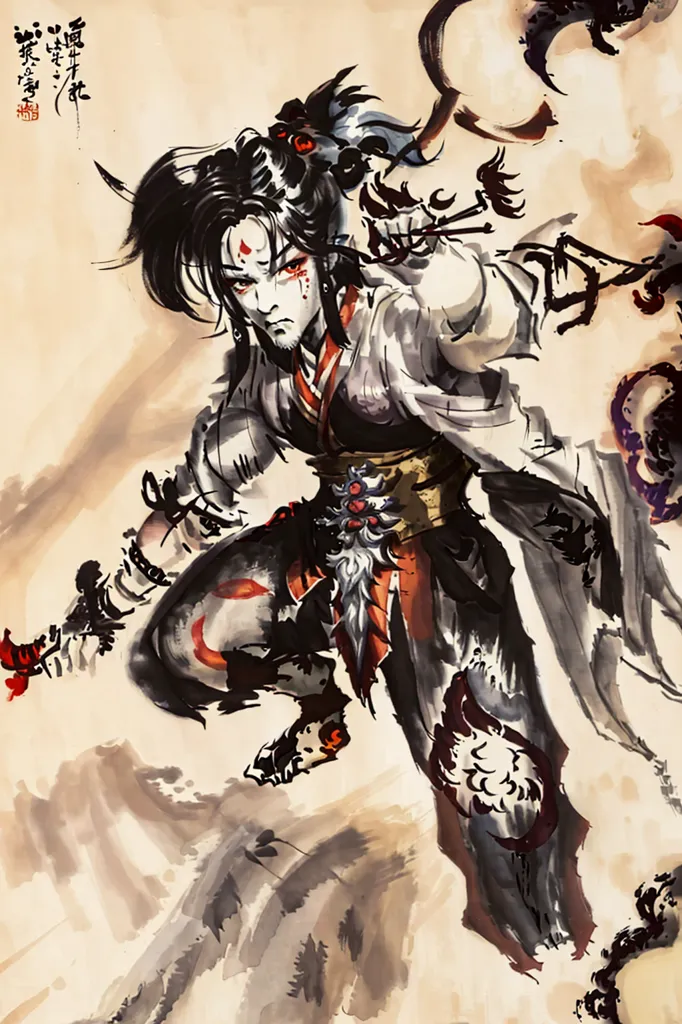 The image is a Chinese painting of a man in a white robe with black and red accents. He has long black hair and red eyes, and is standing in a dynamic pose, surrounded by clouds.