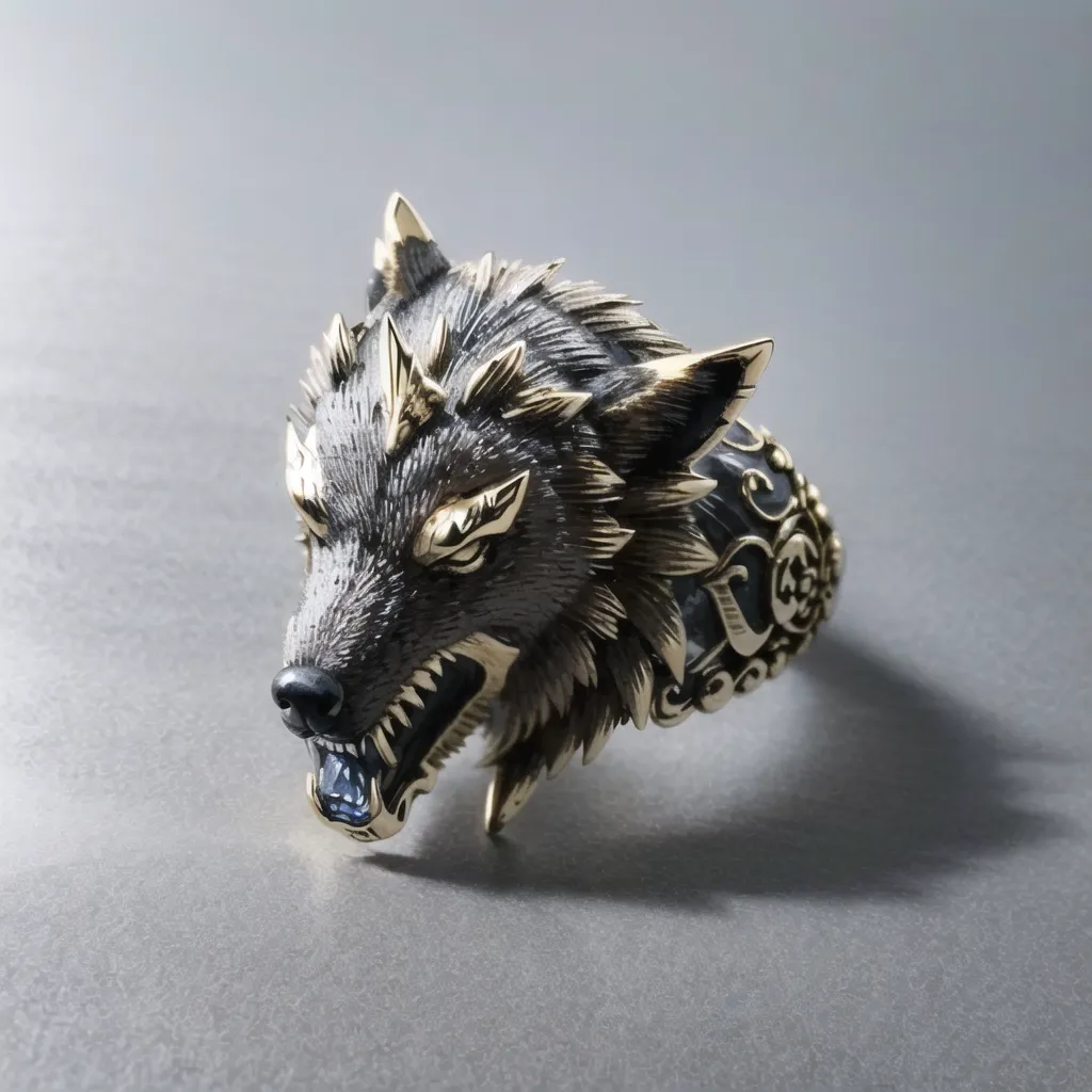 Esta es una imagen de un anillo. El anillo está hecho de plata y oro. El anillo tiene una cabeza de lobo en él. La cabeza del lobo está mirando hacia la derecha. La cabeza del lobo está gruñendo. La cabeza del lobo tiene mucho detalle. El pelaje de la cabeza del lobo está muy detallado. El anillo está muy bien hecho.