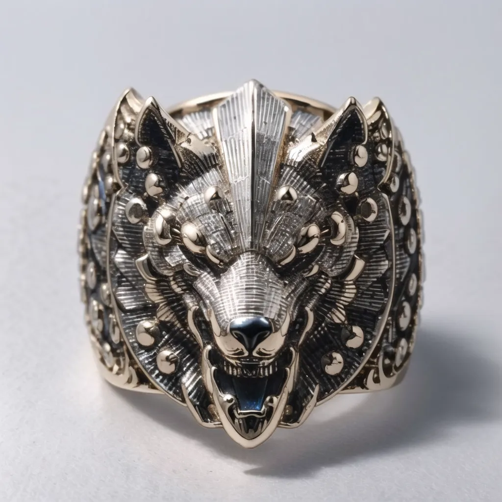 Voici une image d'une bague en argent et or en forme de tête de loup. La bague est en argent et a une tête de loup en or sur le devant. La tête de loup est très détaillée et a une expression féroce sur son visage. La bague est également décorée de petites boules d'argent autour de la tête de loup.