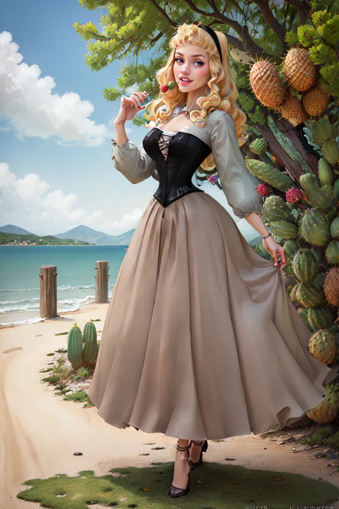 The image shows a beautiful young woman standing on a beach. She is wearing a brown skirt and a black corset. She has long blond hair and blue eyes. She is holding a red apple in her hand. There is a large green cactus plant behind her and a body of water with mountains in the distance.