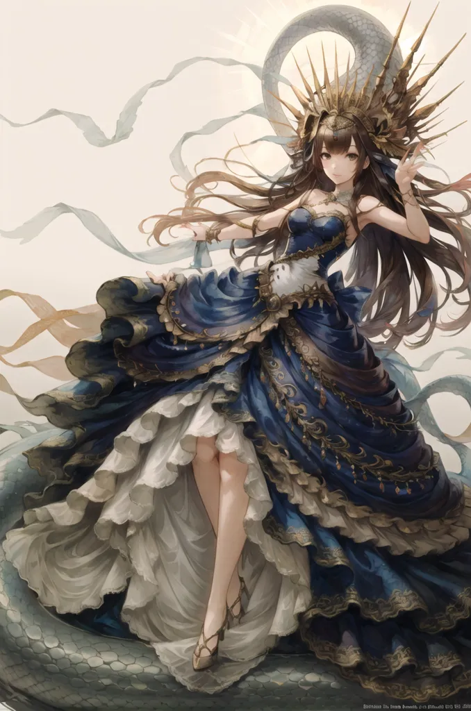 The picture shows a girl with long brown hair. She is wearing a blue and white dress with a lot of frills and gold trim. She is also wearing a golden crown and has a snake-like creature wrapped around her arm. The girl is standing on a white and gold platform, and there are white clouds floating around her.